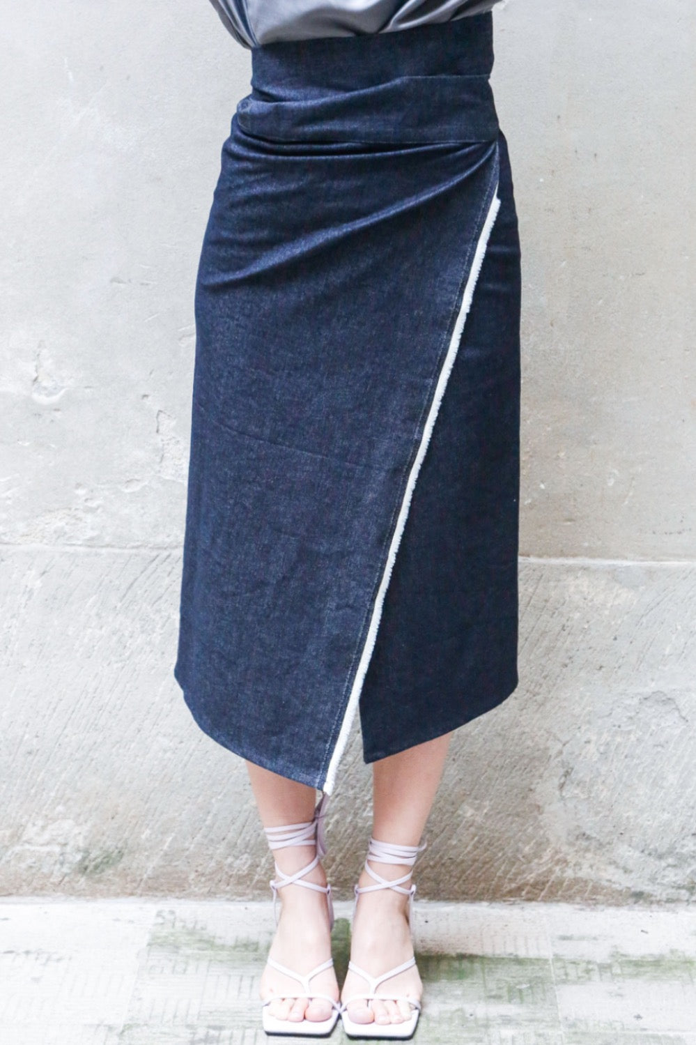 ﻿Zerobarracento Recycled Cotton Denim Wrap Midi Skirt