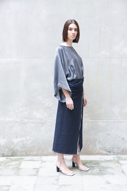 Recycled Cotton Denim Wrap Midi Skirt