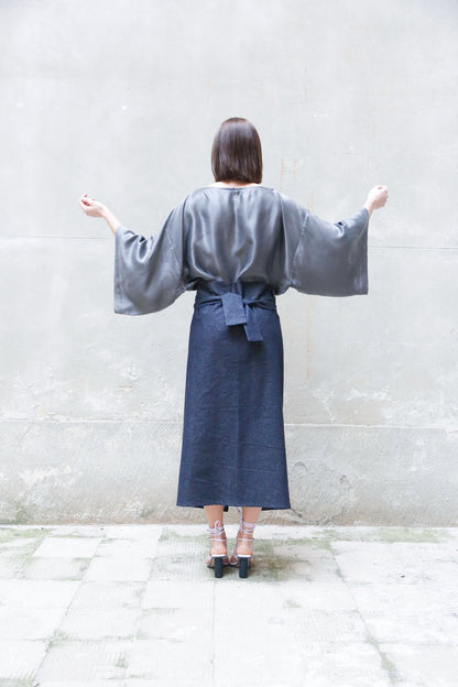 Recycled Cotton Denim Wrap Midi Skirt