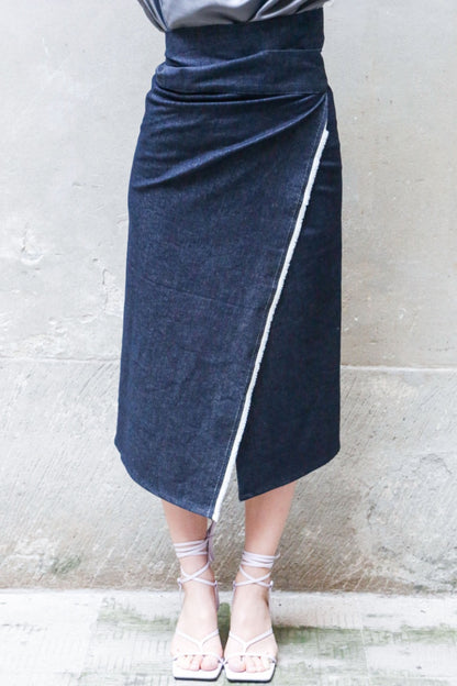 Recycled Cotton Denim Wrap Midi Skirt