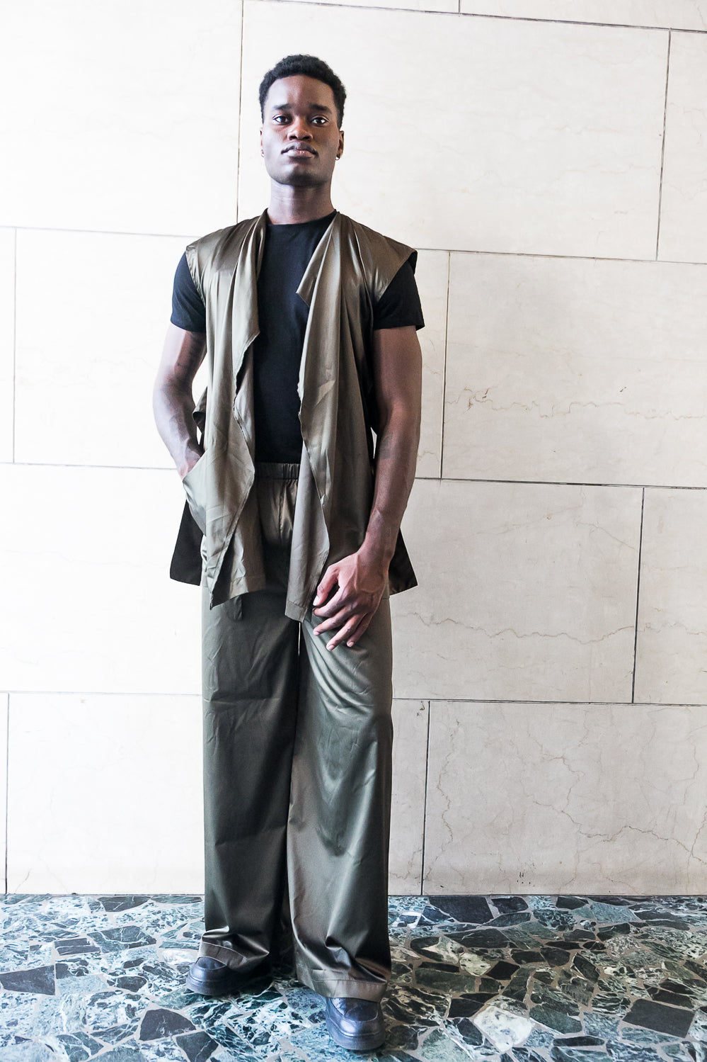 Recycled polyester Wide Pants - Black/Olive/Ocra Newlife